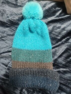 Adult Striped Pom Beanie Hat - Aqua Multicolor